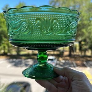 Vintage E O. Brody Green Pressed Glass Footed CompoteTulip Pattern